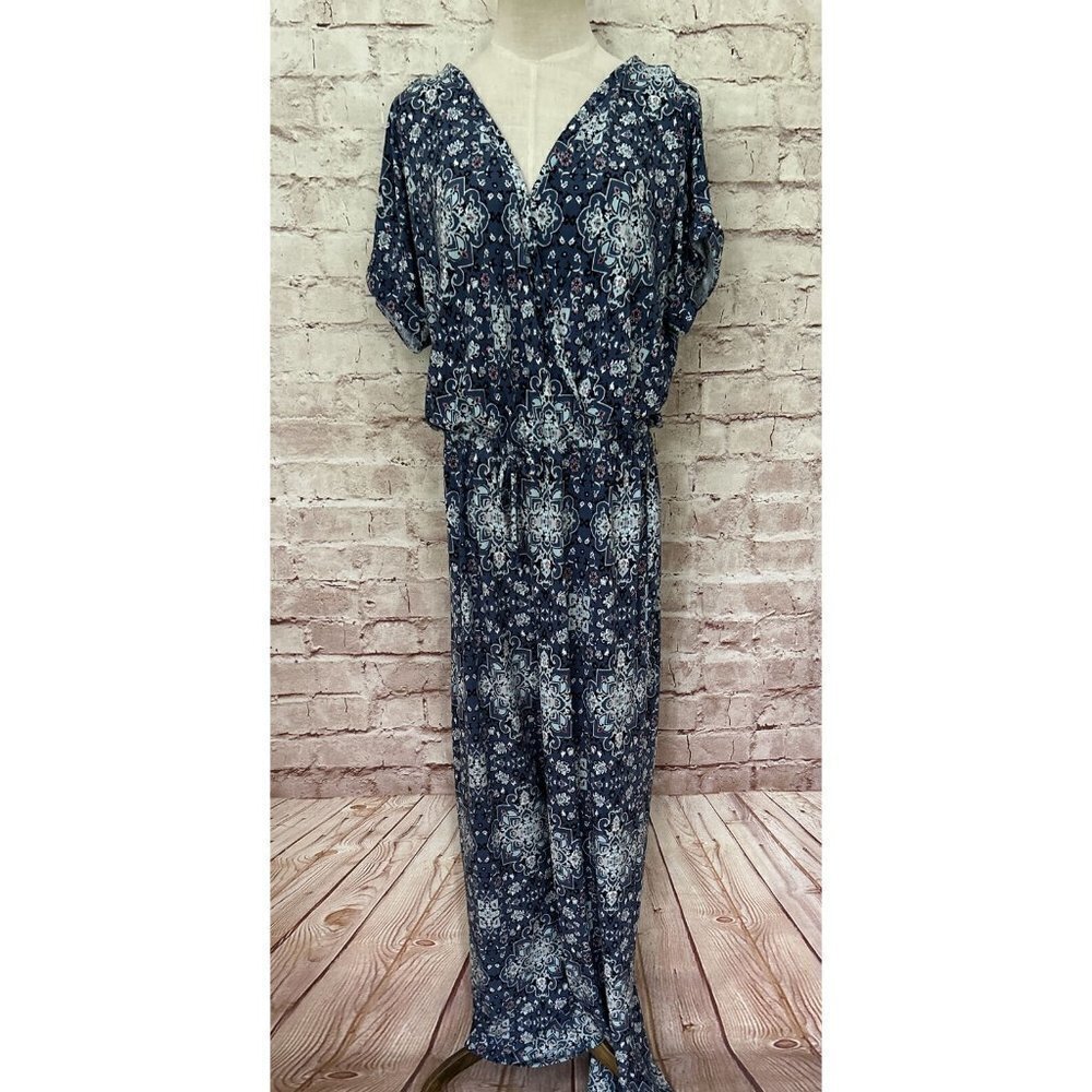 Style & Co Womens Wide-Leg Jumpsuit Blue Power Scarf Print Stretch Jersey - M